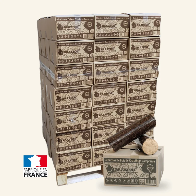 Premium-Holzbriketts von Brazeco – Palette mit 80 Kartons à 6 Briketts